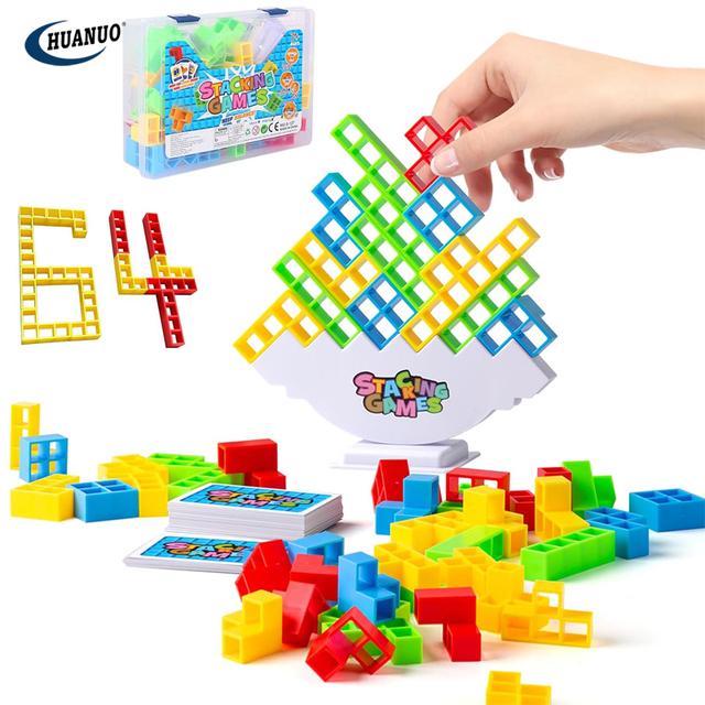 Kids & Adults Tetras Tower Game 2 Players+ Family Games 64 Pcs Balance Stacking Blocks Board Game