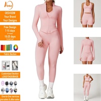 Aoyema Vêtements de sport pour femmes, leggings slim taille haute, combinaison, manches longues, ensembles de fitness longueur entière, veste sans couture avec fermeture éclair, ensemble de yoga