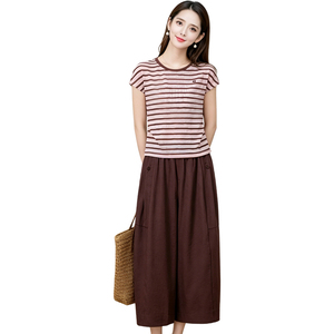 <span class=keywords><strong>Ensemble</strong></span> 2 pièces pour femmes <span class=keywords><strong>en</strong></span> gros : T-shirt rayé d'été + <span class=keywords><strong>Pantalon</strong></span> court à jambes larges – Tenue décontractée OEM - Product Image 2