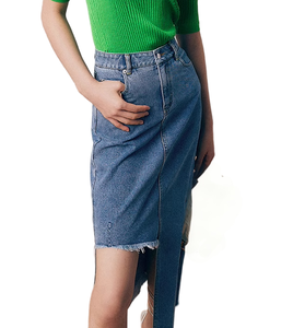 Taille haute Midi Cocoon Denim surjupe décontracté droite neige lavé jupe avec avant découpé été mode Style solide - Product Image 2