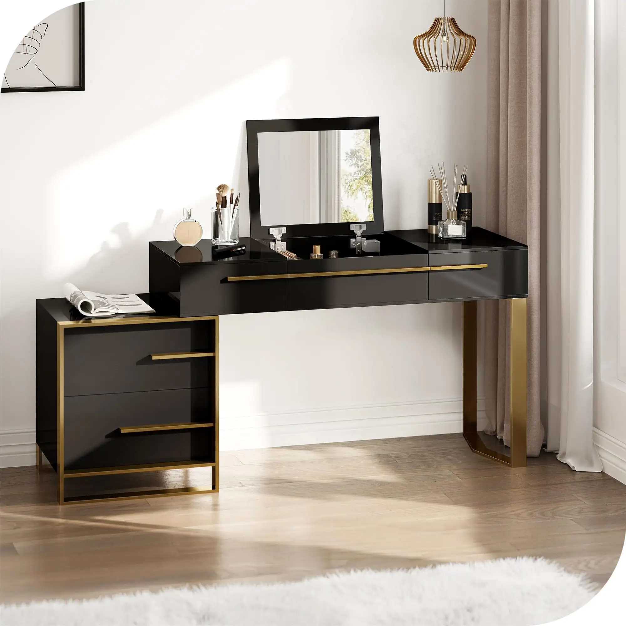 Vendita calda europea moderna di colore bianco angolo vanità led trucco tavolo in legno con specchio regolabile toletta camera da letto mobili