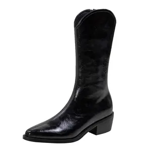 फैशनेबल प्लस आकार बेज काले देवियों साइड जिपर जूते चंकी ब्लॉक खीर मिड बछड़ा जूते महिलाओं के जूते