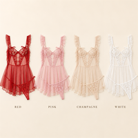 Set Lingerie Hitam Berbahan Lace, Gaun Slip Mesh dengan Ruffle, Pakaian Tidur Transparan untuk Wanita