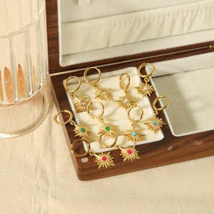 Pendientes Colgantes de Estrella Estilo Retro Europeo Americano, Acero Inoxidable Chapado en Oro de 18K con Piedras Naturales, Pendientes Circulares - Product Image 2