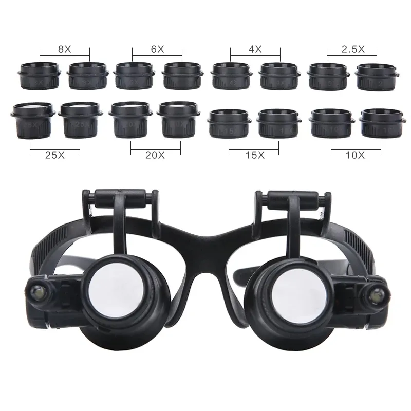 8 Sets Lens Head-Mounted Magnifying Glasses Reading Watch Repair Jewelry Research Tools Magnifiers With Led Light