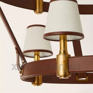 Cercle Anneau <span class=keywords><strong>Riley</strong></span> Grand Lustre En Laiton Massif À 2 Niveaux Avec Garniture En Cuir De Luxe LED Pendentif Lumière Antique Luminaire - Product Image 3