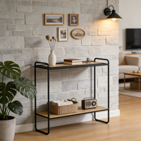 Table console moderne à 2 niveaux en bois avec cadre en métal noir et décoration en fil métallique pour salon, entrée, couloir, utilisation en meubles de maison