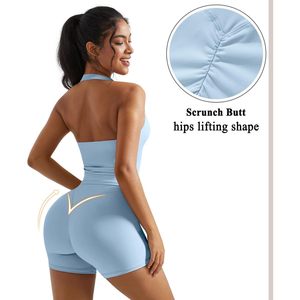 2 Piece Workout Set Halter Sports Bra Biker Shorts Seamless Backless Yoga Outfit for Women - Product Image 4