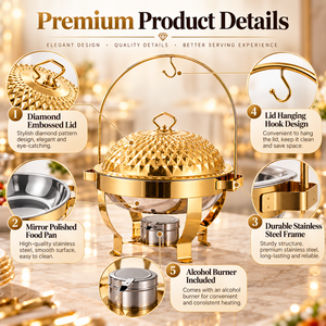 Calentador de Comida Tipo Buffet con Asa Colgante y Diseño de Diamantes, en Dorado y Plateado, Opcional, Capacidad de 4.5L, 6L y 8L, Recipiente para Calentar Comida de Acero Inoxidable - Product Image 2