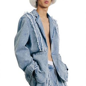 Men Denim Tracksuit Full Sleeve Button Up Jacket And <b>Pants</b> Streetwear Set Loose Fit Washed Cotton Spring Wear - Product Image 3