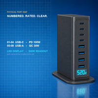 Chargeur GaN 8 ports 520W, station de charge multi-ports pour bureau, 4C PD100W 4A QC30W, écran intelligent, compact pour ordinateur portable