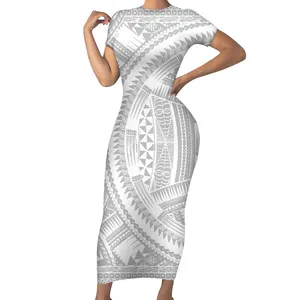 Retro Style Polynesian Tribal Totem Print Women Short Sleeve Tight Dresses Cheap Lady Evening Party Dress Casual Female Dress