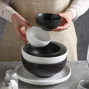 Juego de vajilla Tazón de arroz Serie de textura de <span class=keywords><strong>roca</strong></span> Tazones redondos de <span class=keywords><strong>gres</strong></span> blanco y negro Tazones de arroz de cerámica - Product Image 2