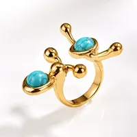 Extravaganter offener Edelstahl-Mode-Ring, mit eingelegtem, geädertem Türkis, Statement-Ring für Damen, für den Alltag und Partys.
