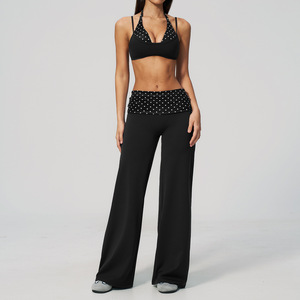 Eco Friendly Contrast Polka Dot Pattern Layer Built-in Shelf Bra and Yoga Fold-over Waist <b>Flared</b> Wide Leg <b>Legging</b> Pants - Product Image 4