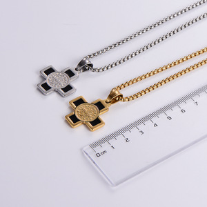 Collier croix Saint Benoît en or 18 carats, pendentif religieux en acier inoxydable avec chaîne en forme de boîte, <span class=keywords><strong>style</strong></span> chrétien tendance - Product Image 6