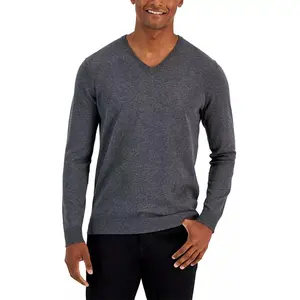 Jersey de punto de algodón con cuello de pico y manga larga para hombre, jersey de Color sólido, elástico, a la moda, personalizado, Otoño e Invierno