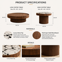 Ensemble de tables basses rondes de style moderne du milieu du siècle avec finition en noyer, plateau en pierre de luxe pour salon, projet hôtelier, vente en gros