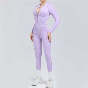 Long Sleeves Quick-Dry Four-Way Stretch Eco-Friendly Fitness One-Piece Patchwork Halter Neck V-Neck Yoga <strong>Jumpsuit</strong> - Product Image 4