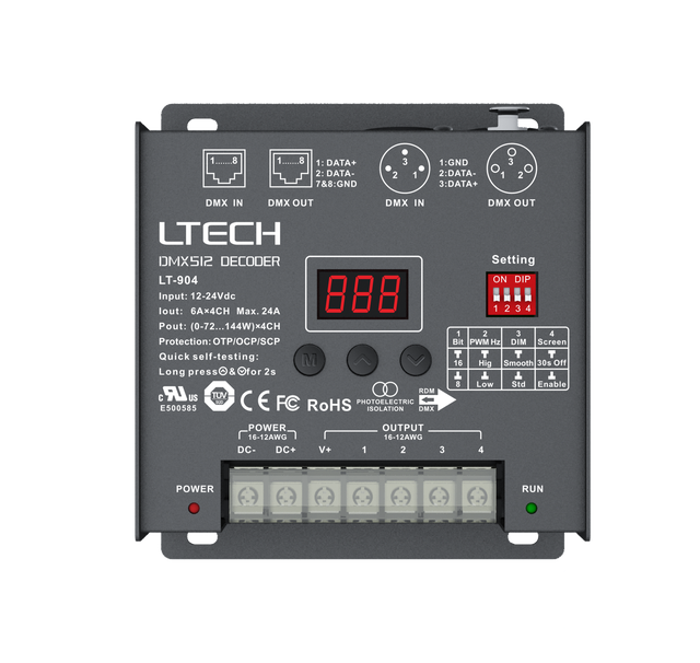Ltech LT-904 DMX 512 Decoder LT-904-DIP 8bit 16bit RDM RGBW 6A*4CH Max.24A Max.576W XLR RJ45 RDM DMX Decoder for Stage Lighting