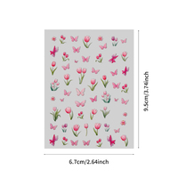 Autocollants 5D Papillon Tulipe Rose pour Ongles, Décalcomanies Florales Printanières Auto-adhésives, Slider de Manucure Imperméable pour Ongles à Presser DIY