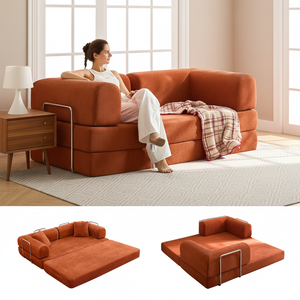 Free Shipping Convertible <b>Sofa</b> Bed Boneless Modular Couch Orange Fabric Memory Foam FloorLiving Room Compressed Couch in a Box - Product Image 1