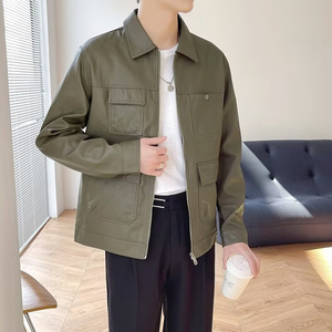 Blouson Bomber Homme en Similicuir PU et Polyester Lavé de Qualité Supérieure, Style Moto Cargo Décontracté, Coupe Boxy, avec Fermeture Éclair, Col Montant à Lettres, Printemps - Product Image 6