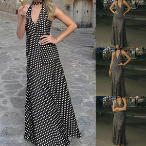 Vestido Halter Negro sin Mangas con Estampado de Puntos para Mujer, Elegante Vestido con Escote en V Profundo y Espalda Descubierta con Cordones, Vestidos de Fiesta de Verano para Mujer - Product Image 2