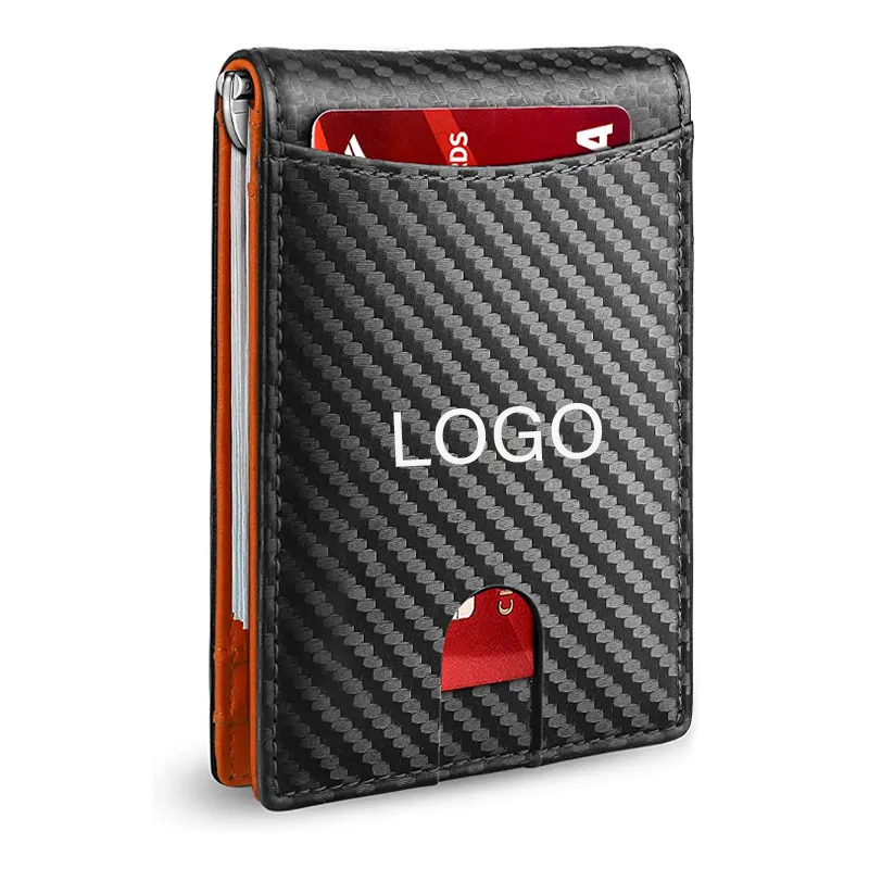 Özel Logo RFID engelleme cüzdan erkekler için mikrofiber deri erkek cüzdan karbon Fiber kredi kart tutucu düşük adedi özel ambalaj
