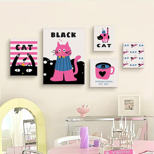 Tela moderna cornice decorativa arte della parete per la camera dei bambini divano sfondo a pois gatto pittura dei cartoni animati - Product Image 1