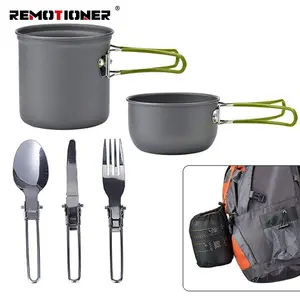 1-2 Person Aluminium Outdoor Portable Camping Kitchen Cooking Set Picnic Cookware With Spoon Knife Fork Set