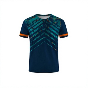 T-shirt rayé à manches courtes et col rond, coupe classique, séchage rapide, sportif, en polyester tricoté, imprimé par sublimation - Product Image 1