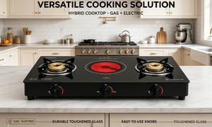 Estufa Híbrida Amor de 3 Quemadores, 2 de Gas + 1 Infrarrojos, Vidrio Templado Negro, Soportes de Hierro Fundido, Compatible con GLP/GN para Cocina Moderna - Product Image 3