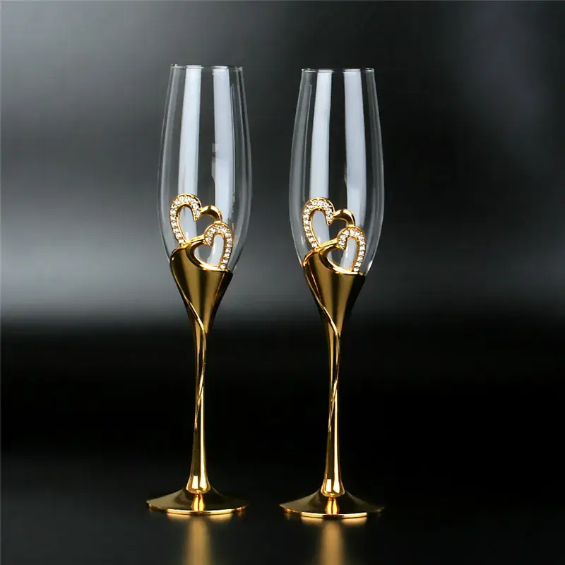 Bruiloft Champagne Glazen Set Roosteren Fluit Glazen Met Voor Strass Kristal Omrande Harten Decor Drinkbeker