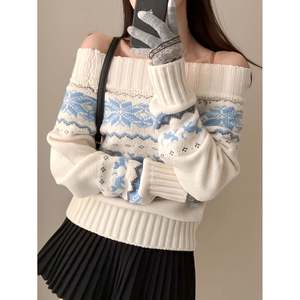 Suéter de Manga Larga con Hombros Descubiertos, Azul, Tejido Jacquard Asiático, Top de Invierno para Mujer - Product Image 5