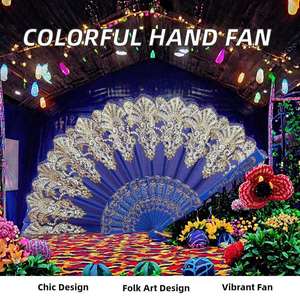 Abanico de mano plegable de plástico colorido con encaje para fiestas, festivales, espectáculos, bodas de verano, regalo, danza, venta al por mayor, chino/español - Product Image 2
