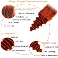 Gingembre Orange 10A 350 Vierge Cheveux Fermeture avec 3 Paquets (16 18 20 + 16) Coloré 4x4 Dentelle et Lâche Vague Profonde Coudre Bundles