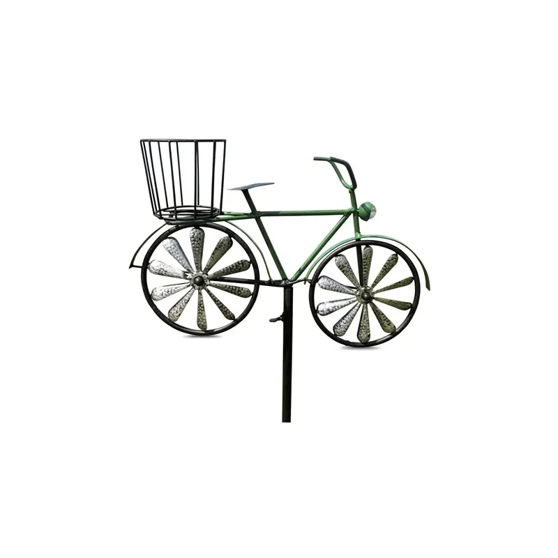 3D Wind Spinner Stake Green Bike Garden Stake With Metal Spinning Wheels Vintage Style Details Outdoor Decoration