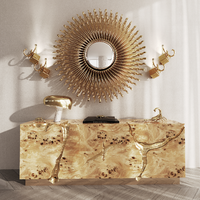 Buffet d'entrée artistique de luxe en acier inoxydable, style designer, pour maisons et villas de prestige, meuble de rangement mural