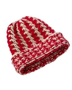Custom Unisex Comfortable Fold Down Hem Two Color Twisted Spiral Merino Wool And Cotton Yarn Red And White Striped Knit Hat