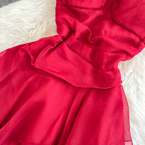 Nuovo vestito estivo con cinturino a vita alta donna vestito da sera elegante <span class=keywords><strong>Sexy</strong></span> femminile irregolare in Chiffon rosso - Product Image 4
