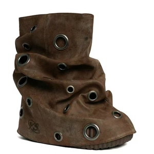 Metal Circle Holes Decor Women's Thick Sole Short <b>Boots</b> Overlay Ankle Booties Round Toe Flat Bottom Wedge Heels Suede Shoes - Product Image 5