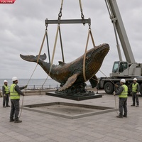 YOUFINE Grande Sculpture de Baleine à Dos Courbé en Bronze Patiné Antique avec Base Ondulée, Statue d'Animal Marin pour Parc en Bord de Mer et Aménagement Paysager Coastal
