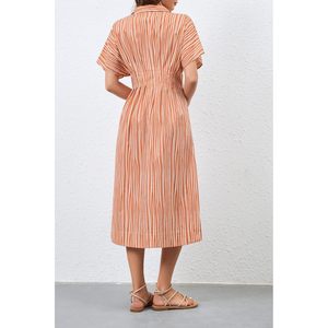 Vestido Camisero a Rayas con Botones Delanteros para Mujer, Manga Corta, Cuello Casual, Maxi, Naranja, Tejido Transpirable, para Uso Diario - Product Image 4