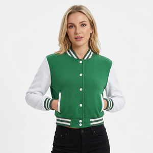 Chaqueta Varsity Verde para Mujer, Mangas Blancas, Cierre de Botones a Presión, Cuello Camisero, Abrigo de Otoño - Product Image 1