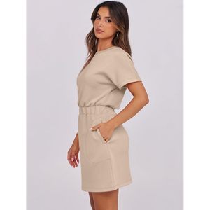 FOXA Womens Casual Short Sleeve Crew Neck <b>Elastic</b> Waist Mini T Shirt <b>Dress</b> With Pockets Daily Wear 100 Cotton Knitted Loose - Product Image 4
