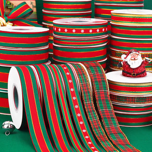 Stok tersedia pabrik pita Natal pita poliester bergaris merah dan hijau pita kemasan hadiah Natal - Product Image 2