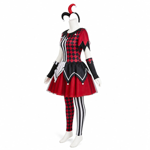 Costume de Clown Maléfique pour Halloween pour <span class=keywords><strong>Femme</strong></span>, Robe Imprimée Asymétrique 5 Pièces avec Jupe en Tulle, Chapeau, Bandeau, Manchettes et Bas - Product Image 2