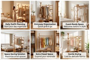 Porte-vêtements SENYU en bambou, étagère de rangement pour chambre à coucher, organisateur de vêtements, porte-chapeaux, armoire avec 6 crochets - Product Image 6