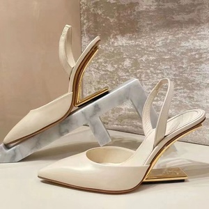 Metallic High Heeled Shoes Women Sexy V-Cut Party Slingback Fashion Genuine Leather Pointed Toe Pumps Black <b>Sandals</b> - Product Image 6